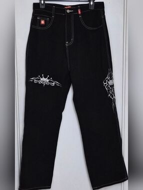 Vtg Y2K Tribal JNCO Jeans, Mns M(32-34) Embroidered Tribal Crown Design, Blk/Slv